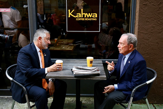 Before announcing St. Petersburg's acceptance in the Bloomberh Climate Challenge, Burg mayor Rick Kriseman and former NYC mayor Michael Bloomberg met for coffee at Kahwa. - Ralph Alswang via Bloomberg