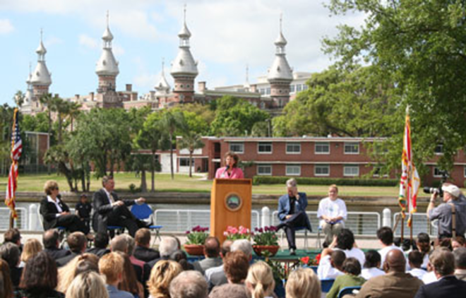 PHOTO OP: Mayor Pam Iorio pitches the Riverwalk, framed by the minarets of the University of Tampa. - Wayne Garcia
