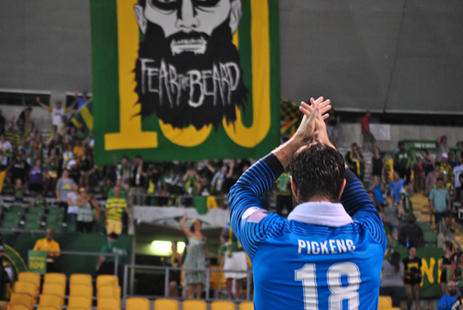 Matt Pickens thanks Ralph's Mob after the match as they display their banner (or tifo) in his honor. Pickens made his 100th appearance for the Rowdies on Saturday. - Colin O'Hara