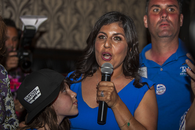 Jacki Toledo addresses supporters on primary night, March 3. - Kimberly DeFalco