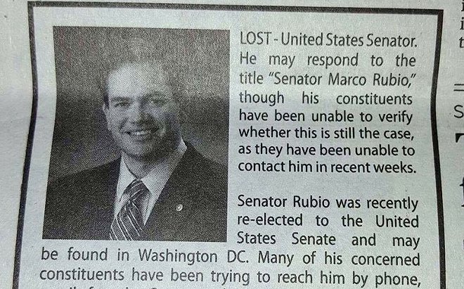 A Facebook user posted this ad poking fun at Rubio, which appears to have run in the Palm Beach Post. The group that sponsored the ad calls itself Speaking up for America.