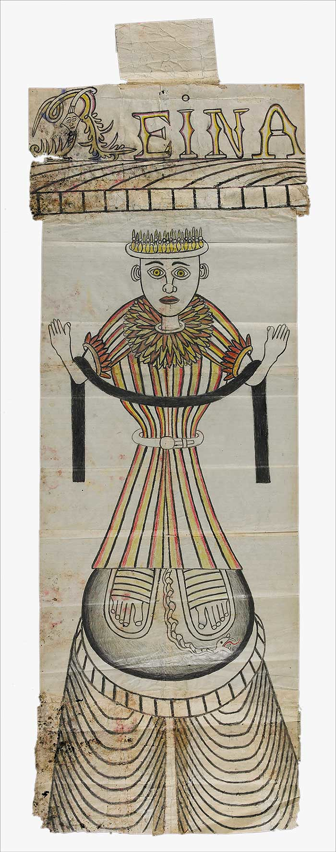 "Reina." Martín Ramírez, c. 1960–1963. Paint, crayon, pencil, and collage on pieced paper. Collection American Folk Art Museum, New York. Gift of the Family of Dr. Max Dunievitz and the Estate of Martín Ramírez. - © Estate of Martín Ramírez