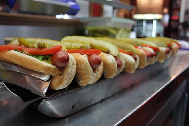 Chicago-style hot dogs are among the menu favorites of Portillo's, newly opened in Tampa. - Portillo's