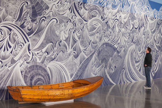 Sandra Cinto's "Encounter of waters"  (2012) features an installation of permanent pen on wall, vinyl cut on wooden boat and variable dimensions, at the Seattle Art Museum, Olympic Sculpture Park Pavilion. - Robert Wade