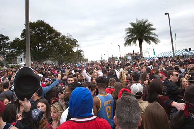 Here's the street level view of the crowd during the parade. As packed and liquored up as many people appeared to be, this reporter saw no significant altercations. According to a report by Fox News, only eight people were arrested during the event. - Chip Weiner