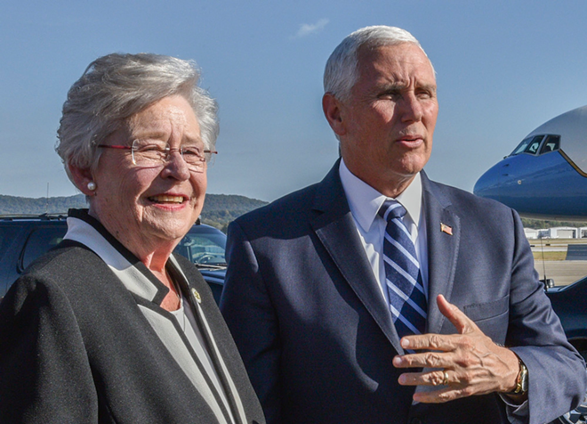 Alabama Governor Kay Ivey (L) with Vice President Mike Pence, another well-known destroyer of the separation between church and state. - Ken Johnson/U.S. Air National Guard