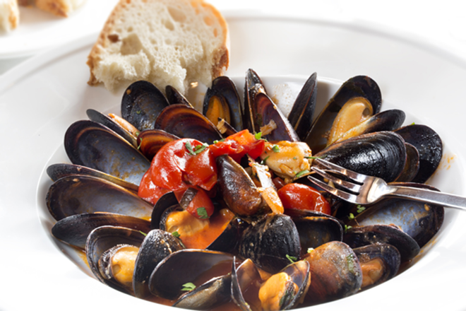 GOOD TO THE LAST SOP: Mussels with white wine, cherry tomatoes and more. - Chip Weiner