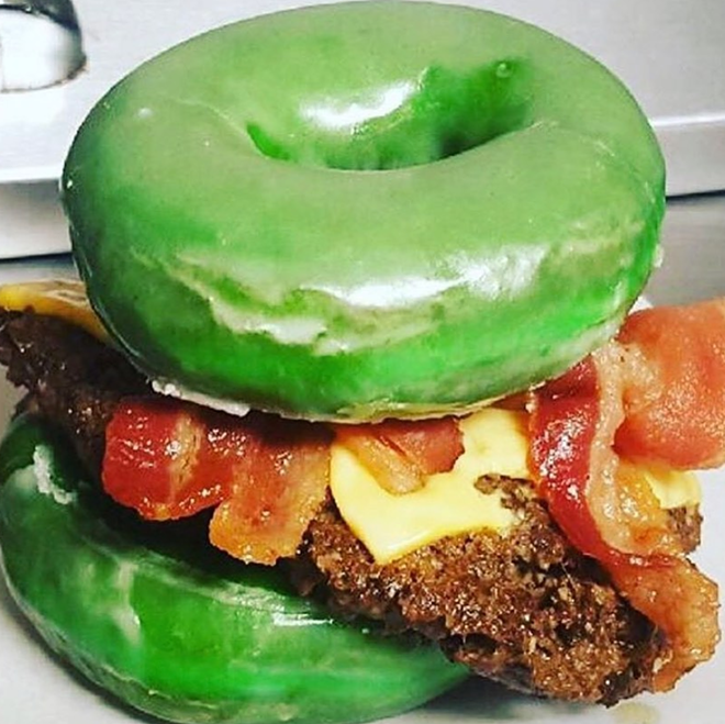 Tampa's Thee Burger Spot offers a green doughnut burger for St. Patrick's Day, and it can be delivered for free