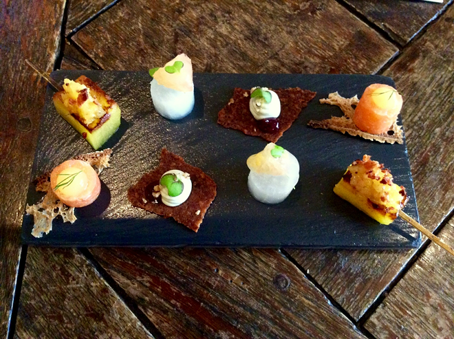 Four splendid amuse-bouches are sent out to kick start our five-course lunch in England. - Jon Palmer Claridge