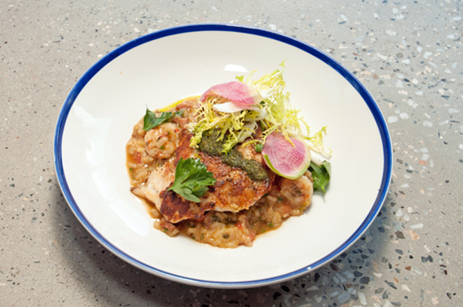 Noble Crust's entrees shine, like the grouper fillet on risotto with rock shrimp. - Lisa Mauriello