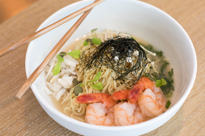 Seafood ramen consists of a bowl of shrimp and crab, plus miso and yuzu. - Nicole Abbett