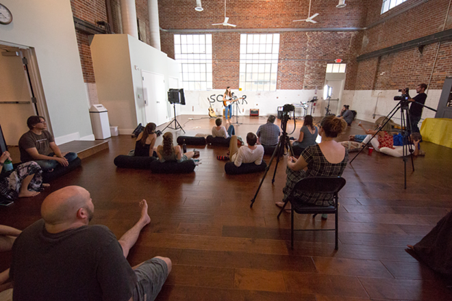 The Body Electric yoga studio was a perfect venue. The acoustics were good and the studio provided bolster pillows (typically used for yoga) as nice seat cushions for sitting on the floor. - Chip Weiner