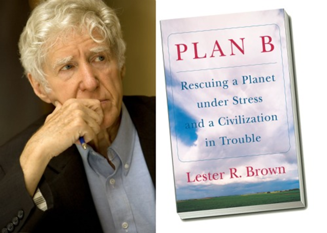 Lester R. Brown's "Plan B" is an integrated program with four interdependent goals: drastically cutting carbon dioxide emissions, stabilizing population, eradicating poverty, and restoring the Earth’s natural systems. Pictured: Mr. Brown and the first Plan B book, published in 2003. There have been three subsequent editions. - Earth Policy Institute