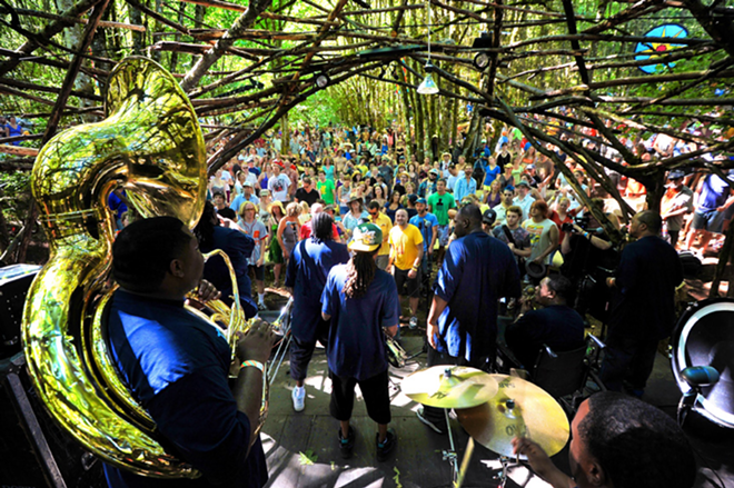 WOOD YOU? Pickathon’s Wood Stage is sheltered by a canopy of boughs and branches. - Miri Stebivka