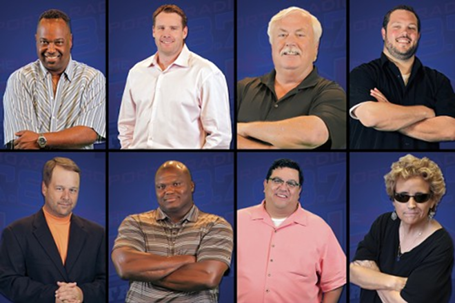 MEET THE HOSTS: From top, left, the Fan's hosts are Kirk McEwen, Chris Dingman, Gary Shelton, Justin Pawlowski, Todd Wright, Anthony “Booger” McFarland, Rich Herrera and Nanci Donnellan, aka “The Fabulous Sports Babe.” - CBS SPORTS RADIO THE FAN TAMPA BAY