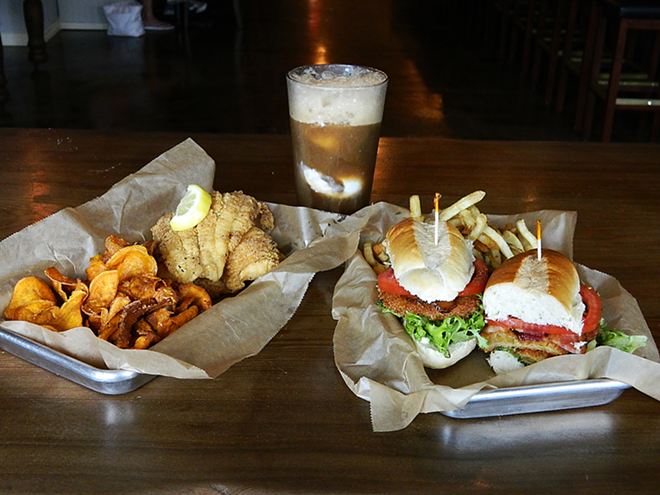TOOTHSOME THREESOME: Local Public House’s fried catfish, root beer float and fried green tomato BLT. - Larry Biddle