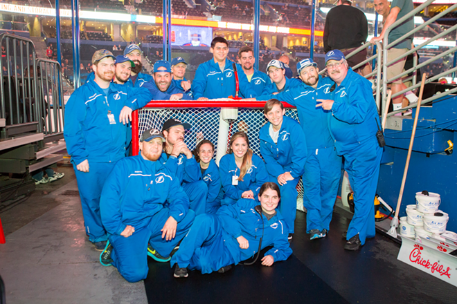 Tampa Bay's ice crew, led by ice operations manager Tom Miracle (far right), at Amalie Arena in Tampa, Florida on October 20, 2016. - CHIP WEINER