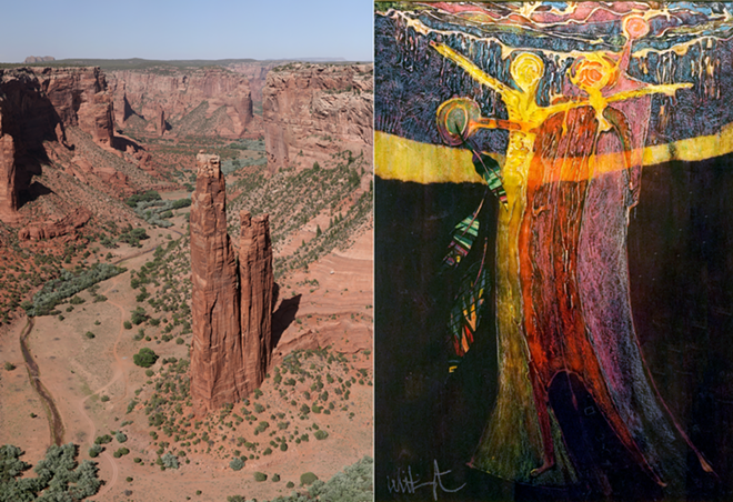 Western Inspirations. Spider Rock monolith in Canyon de Chelly (left) next to Withington's Tall Women (right). - Left: Daniel Schwen, via Wikimedia Commons CC4.0; right: J. Patrick Withington; Photograph by Jennifer Ring