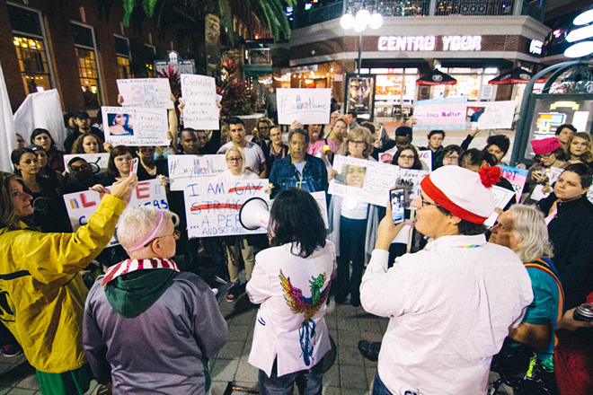 Trans rights activists demonstrate in Ybor City, Florida on March 3, 3017. - Anthony Martino