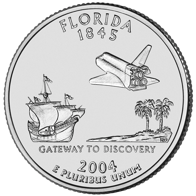 Florida’s state quarter, designed by T. James Ferrell (of New Jersey) in 2004, features palm trees, a space shuttle and a Spanish galleon - Design by T. James Ferrell; Image courtesy of the U.S. Mint