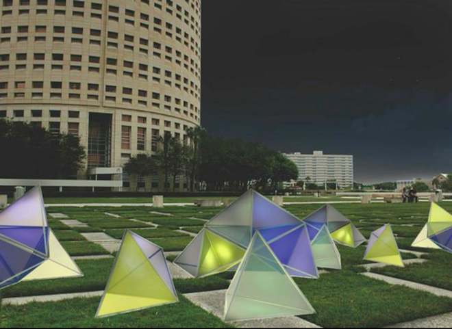 GLOWING TETRAHEDRONS: Ryan Swanson’s Urban Pixels, a set of 30 triangular pyramid building blocks. - LIGHTS ON TAMPA - LIGHTS ON TAMPA