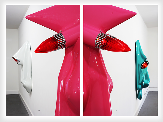 AUTO FIXATION: Taylor Pilote, who grew up hanging out in his dad’s body shop,  reimagines automobile bumpers as draped car "hides." - Nicole Abbett