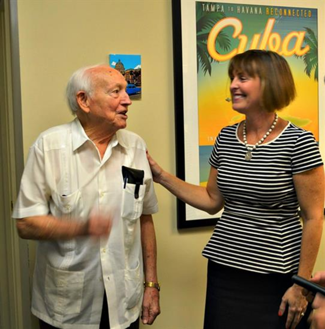 Former Cuban Consul Raul Villamia chats with Rep. Castor Friday about newly-forged relations with Cuba. - OFFICE OF U.S. REP. KATHY CASTOR