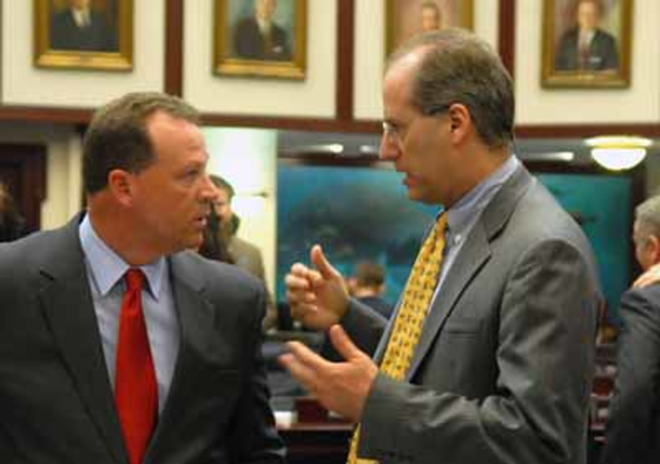 BUDGET TALKS: Dan Gelber, right, questions Ray Sansom, the incoming speaker of the House, during budget-legislation discussions last year. Sansom has taken all tax increases off the table for the current special budget session of the Legislature. - Florida House Of Representatives/meredith Hill