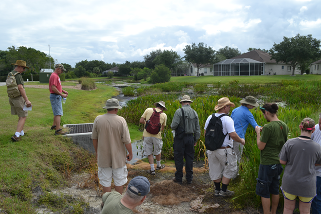 Deane points out some water hyssop growing in a retention pond to the class. - RYAN BALLOGG