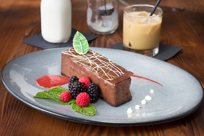 Fresh berries and a glass of cold-brew coffee accompany the chocolate wafer bar. - Chip Weiner