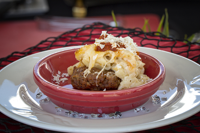 The Sail Pavilions's smokey cotija mac and cheese with guajillo chorizo topped with tomato jalapeno jam. - CHIP WEINER