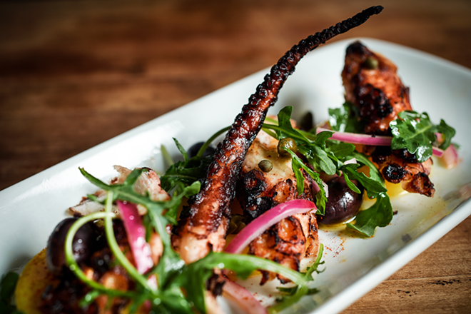 Pulpo a la gallega, featuring grilled octopus, paprika, saffron potatoes, pickled red onions, capers, olives and EVOO. - Ceviche