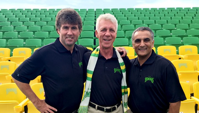 Rongen, seen here with Rowdies Assistant General Manager Perry Van Der Beck and Rowdies President and General Manager Farruk Quraishi. - RowdiesSoccer.com
