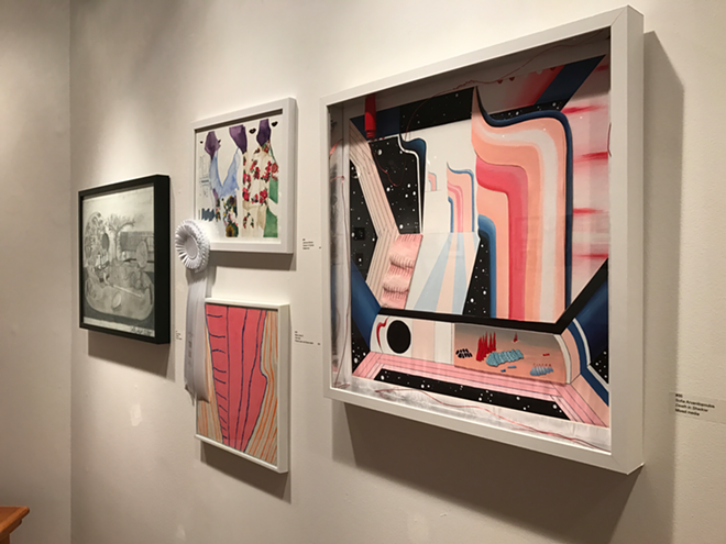 Maria Jose G.'s "Pink Sea" (middle bottom) and Sofia Arvanitopolous' "Death in Shadow" (far right) - Jonathan Talit
