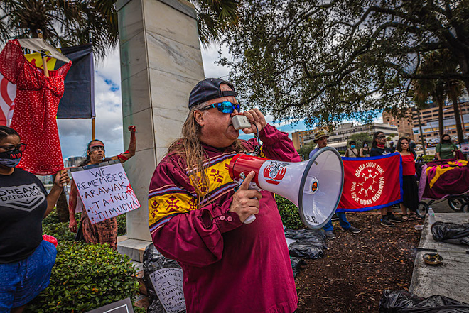 Sheridan Murphy, a coordinator for Florida Indigenous Rights and Environmental Equality, during a protest in Tampa, Florida on Oct. 11, 2020. - Dave Decker