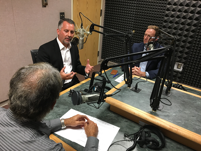 Jolly (center) and Murphy (right) talk to WUSF's Steve Newborn about why they want to bring centrism back to politics. - Preston Rudie