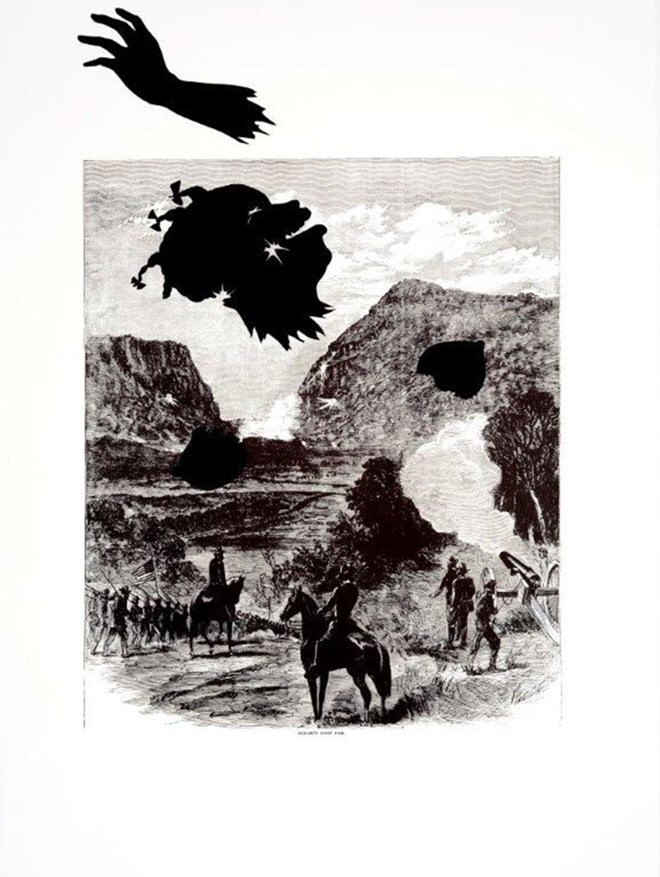 One of the most striking pieces is “Buzzard’s Roost Pass." Walker places pieces of an African American woman’s body on top of the scene; her two breasts are separated from her body and splayed wide like legs being pried open, with cannon balls exploding between them. Her decapitated head seems to be in motion from being shot at, with her head swung back with a cry as the army penetrates her. The digital images here do not do Walker's work justice. - The Alfond Collection of Contemporary Art, Cornell Fine Arts Museum, Rollins College, 2013.34.155
