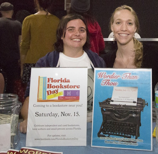PROMOTING PIONEERS: Tiffany Razzano, left, and Julie Fisher give out info at Tampa Zine Fest. - CHIP WEINER