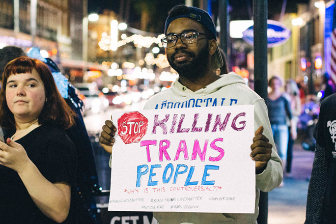 Trans rights activists demonstrate in Ybor City, Florida on March 3, 3017. - Anthony Martino