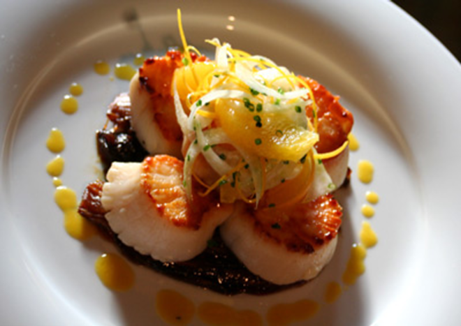 DIVE IN: Chez Bryce's pan-seared diver scallops with candied endive, fennel and orange. - Shanna Gillette