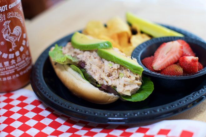 LUNCH IS SURFED: Olde Bay's Blue Crab Salad Roll with creamy 'cado slices. - Kevin Tighe