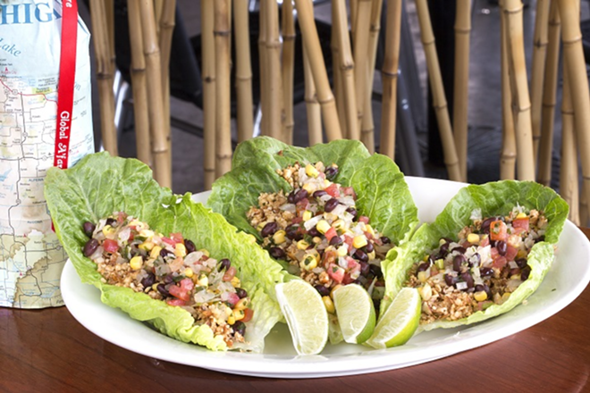 The Naked Tacos with walnut-almond "meat," corn pico de gallo and more. - Chip Weiner