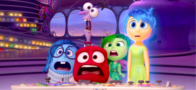 NOTHING MORE THAN FEELINGS: A moment of crisis for Sadness (blue), Anger (red), Fear (purple), Disgust (green), and Joy. - PIXAR
