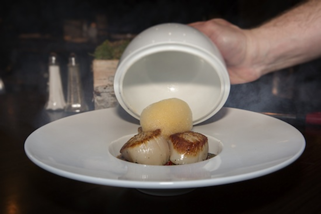 Seared U-10 scallops smoked tableside. - Chip Weiner