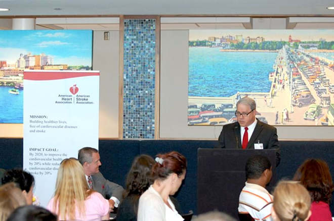 BayCare's Stewart Schaffer speaking to local companies Tuesday at the Tampa Bay Times Forum. - American Heart Association