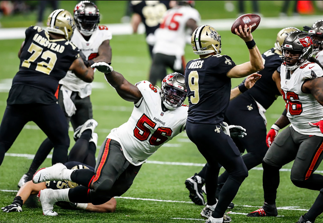 Rakeem Nunez-Roches pressures Drew Brees at the Superdome in New Orleans, Louisiana on Jan. 17, 2021. - Buccaneers