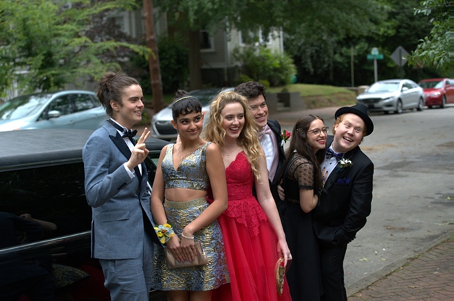 Preparing for the night of their young lives, Connor, Kayla, Julie, Austin, Sam and Chad bid their parents adieu to depart for prom. - Universal Pictures