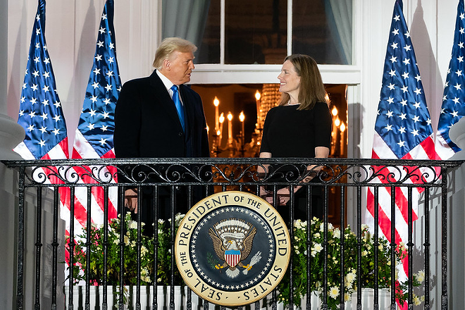 President Donald J. Trump and U.S. Supreme Court Associate Justice Amy Coney Barrett stand together on the Blue Room balcony Monday, Oct. 26, 2020, following Justice Barrett’s swearing-in ceremony on the South Lawn of the White House. - Andrea Hanks