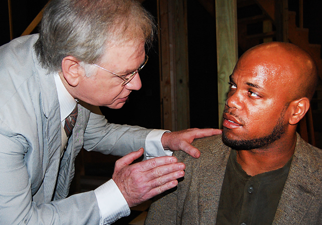 HOLDING COURT: Atticus Finch (Jim Wicker) counsels accused rapist Tom Robinson (Kibwe Dorsey) in Stageworks' adaptation of Harper Lee's beloved To Kill A Mockingbird. - Midge Mamatas/stageworks