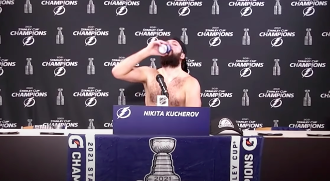 Nikita Kucherov (along with fellow Bolt Pat Maroon) is in the running to be the next official Florida Man. - SCREENGRAB VIA SPORTSNET/YOUTUBE